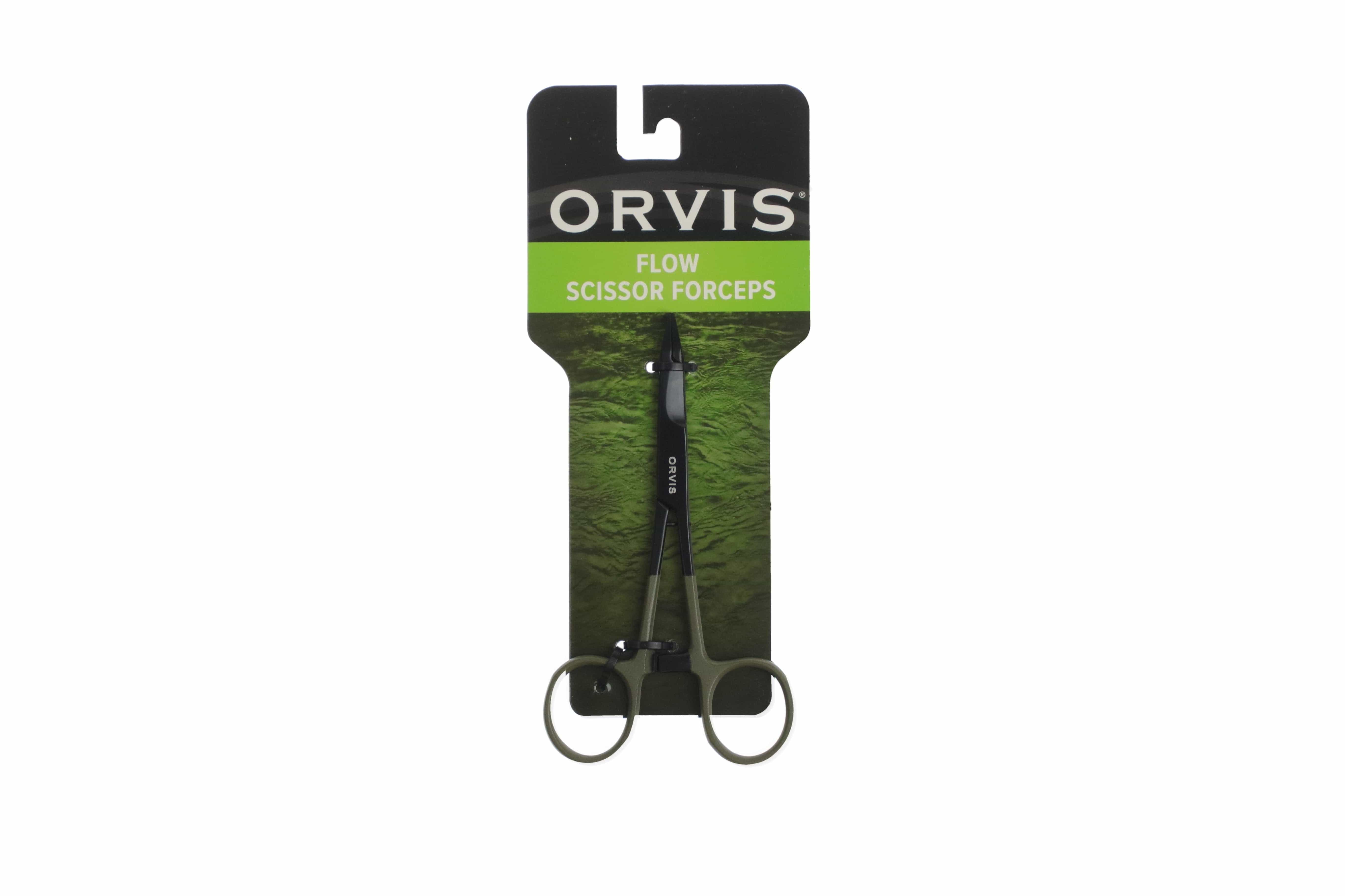 Orvis Flow scissor forceps matte black needle-nose blades with olive-green ring handles on green packaging