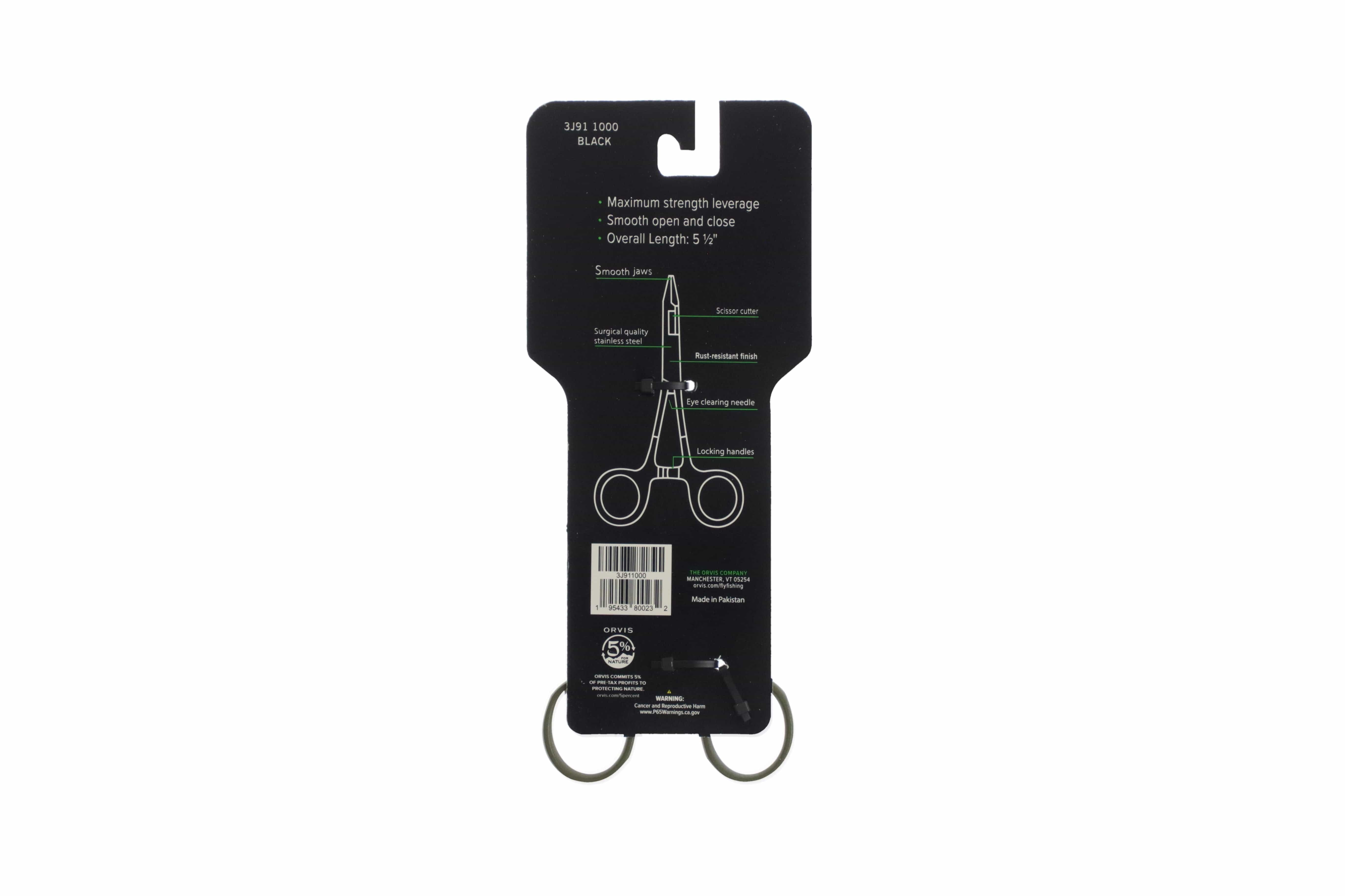 Orvis Flow scissor forceps on black card, black rust-resistant stainless steel with locking round handles