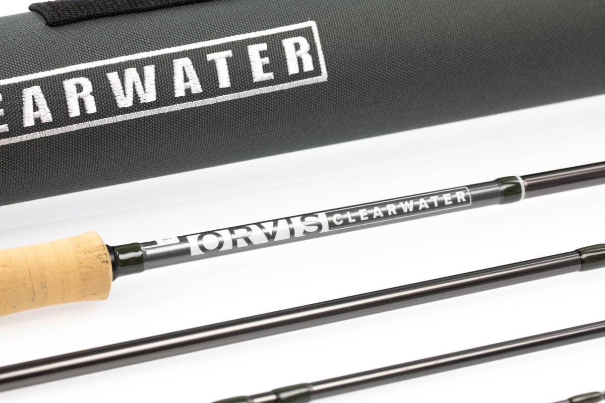 Orvis Clearwater fly rod with cork handle and dark metallic graphite blank alongside black CLEARWATER tube