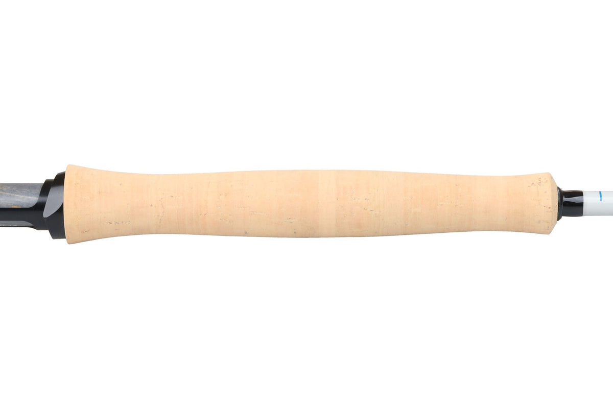 Orvis Helios 4 D fly rod cork handle with natural beige cork grip, black aluminum reel seat and white rod blank accent