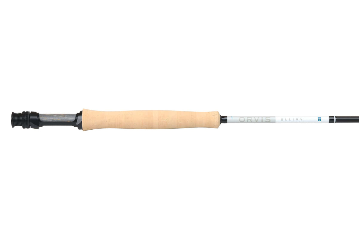 Orvis Helios 4D fly rod cork handle with black reel seat and white graphite blank