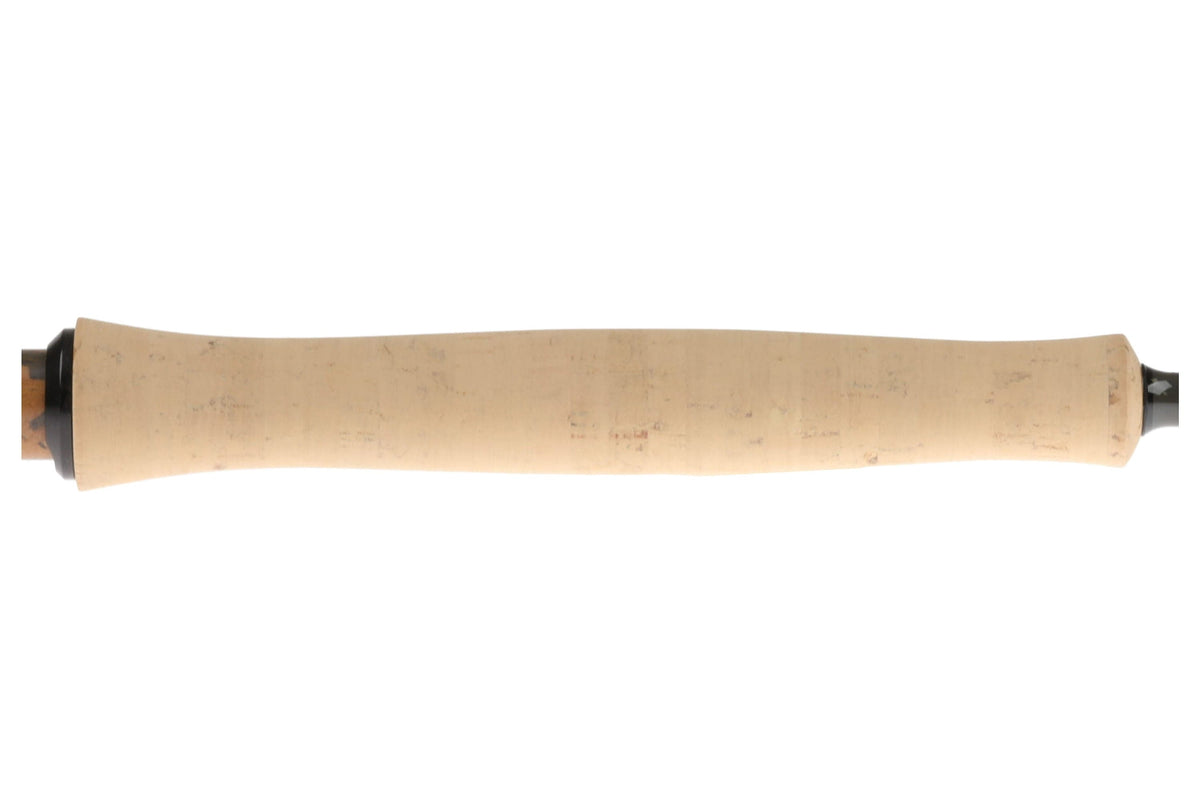 Orvis Recon 3 fly rod cork handle close-up, contoured tan cork grip with black reel-seat accents