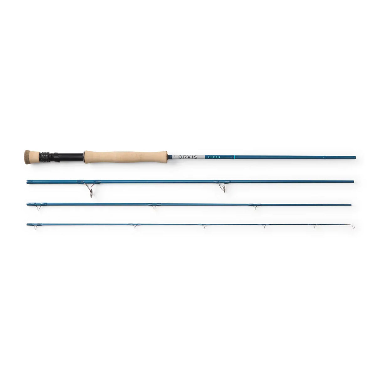 Orvis Recon 3 teal blue 4-piece fly rod with natural cork handle and black reel seat, lightweight graphite