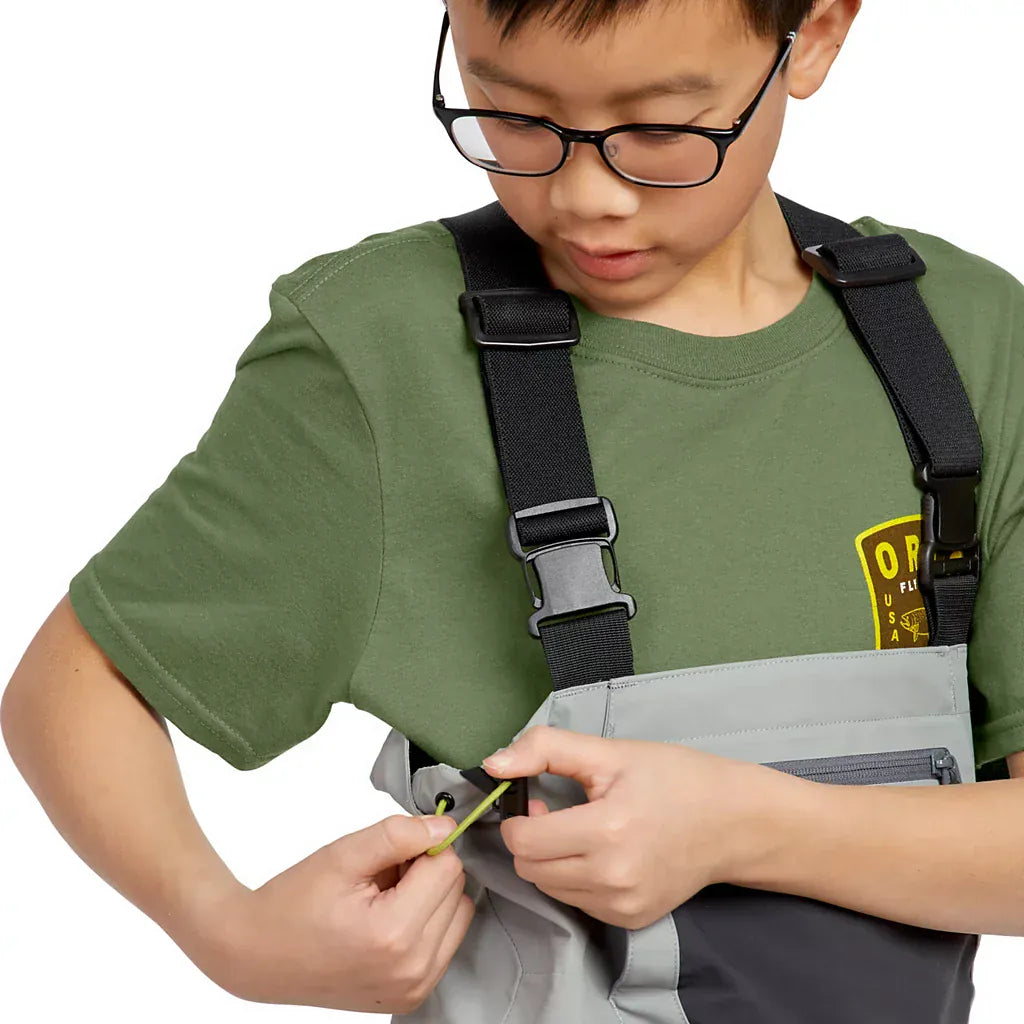 Orvis Kids Clearwater grey chest waders with black adjustable straps and front zip pocket, kid adjusting drawcord