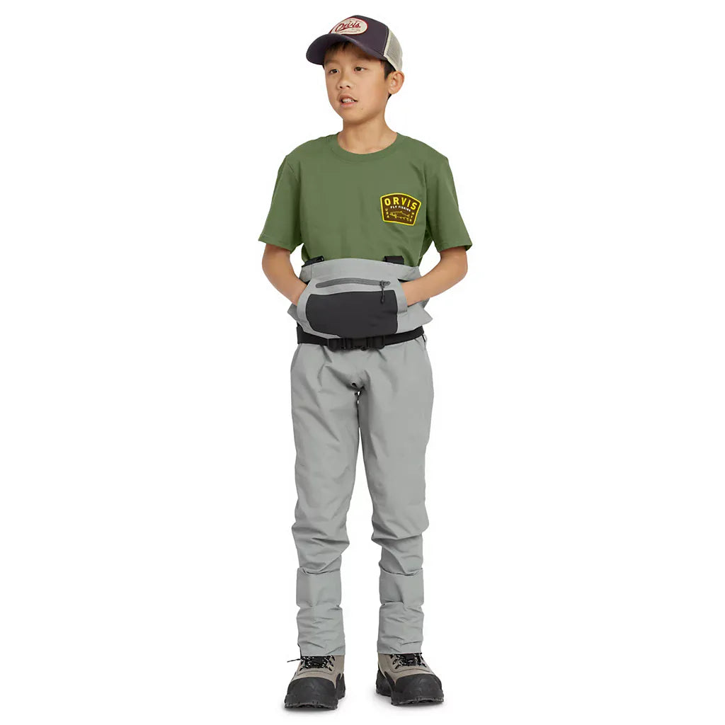 Orvis Kids Clearwater chest waders in light gray waterproof fabric with integrated hip pouch, adjustable belt and