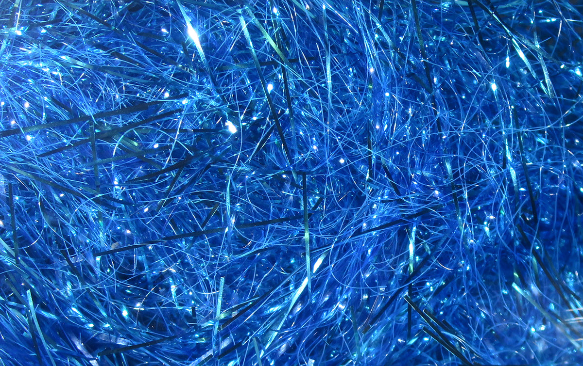 Metallic electric blue reflector flash chenille with shiny shredded fibers and reflective strands for fly tying