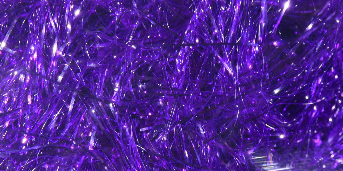 Purple reflective flash chenille with shiny iridescent synthetic fibers and tinsel strands for fly tying