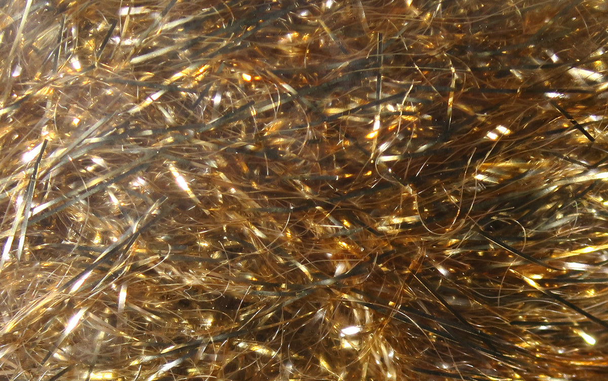 Golden copper Polar Reflector flash chenille: shiny metallic tinsel fibers and wispy reflective strands for fly tying
