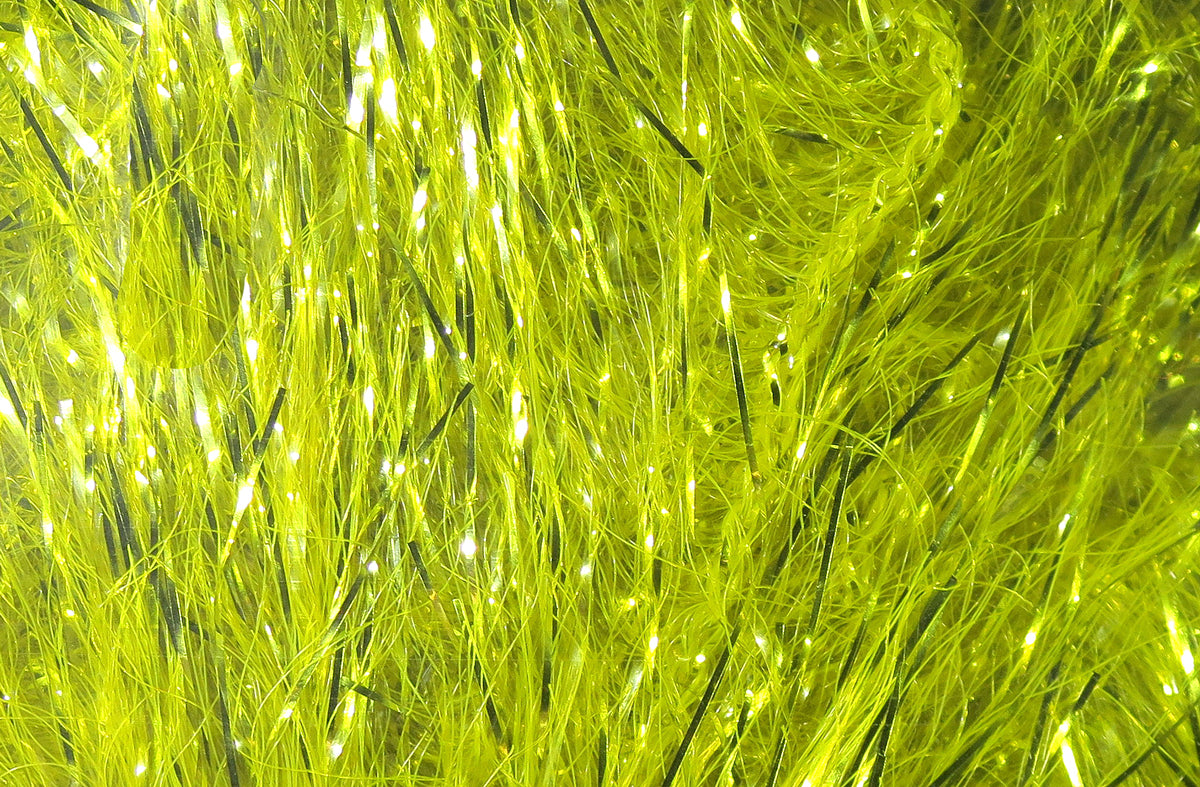 Chartreuse flash chenille with polar reflector strands, glossy thin fibers and reflective tinsel for fly tying
