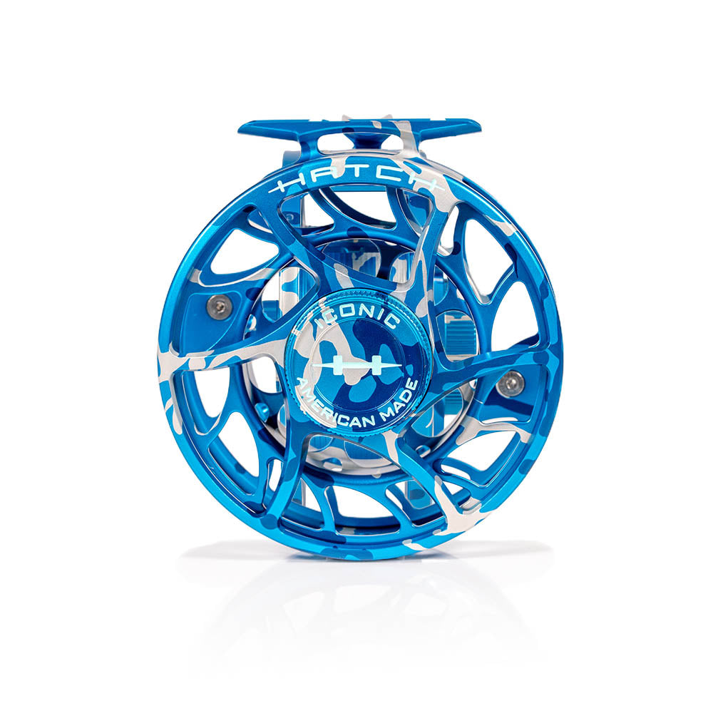 Hatch Iconic Splash Camo Fly Reel 7+ Large Arbor, blue camo splatter anodize, Hatch Iconic logo side