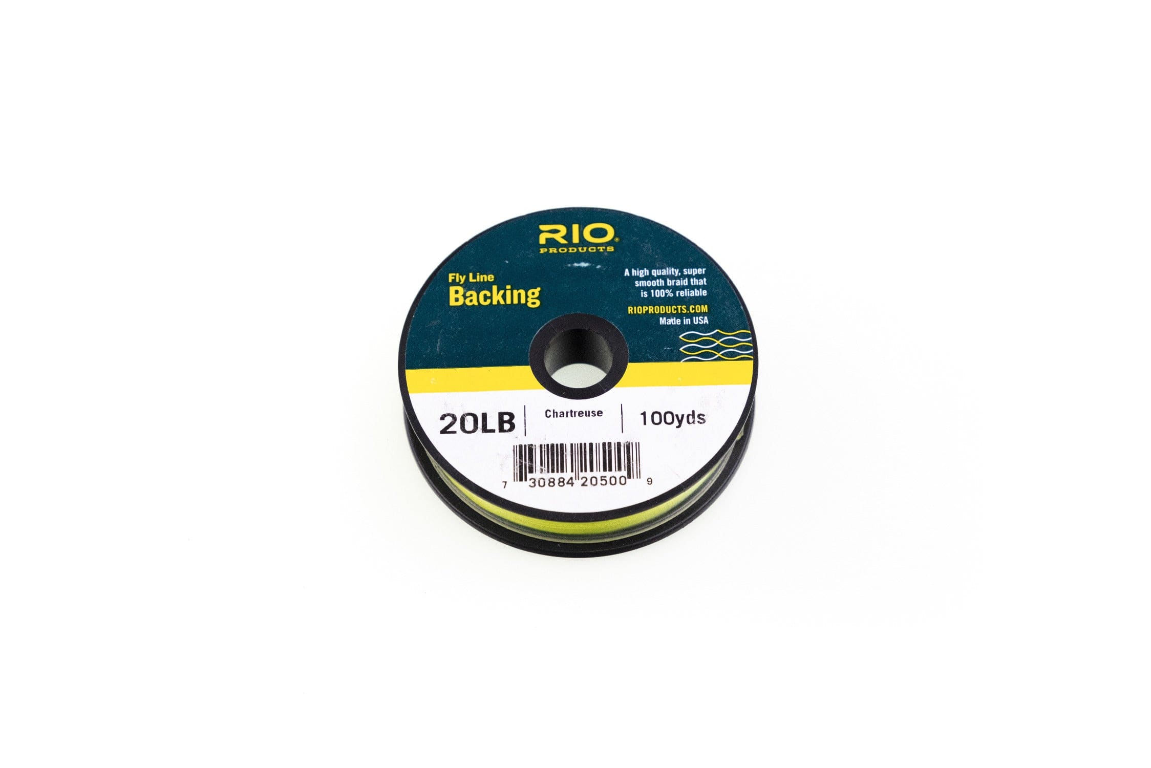 RIO Dacron fly line backing spool with chartreuse braid, black plastic core and dark green-yellow label, 20LB 100yds