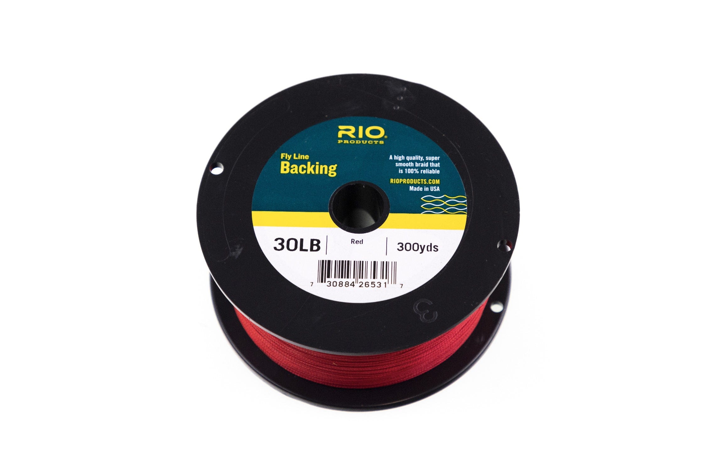 Black spool of Rio Dacron fly line backing with red braided backing, 30lb label and teal-yellow product sticker