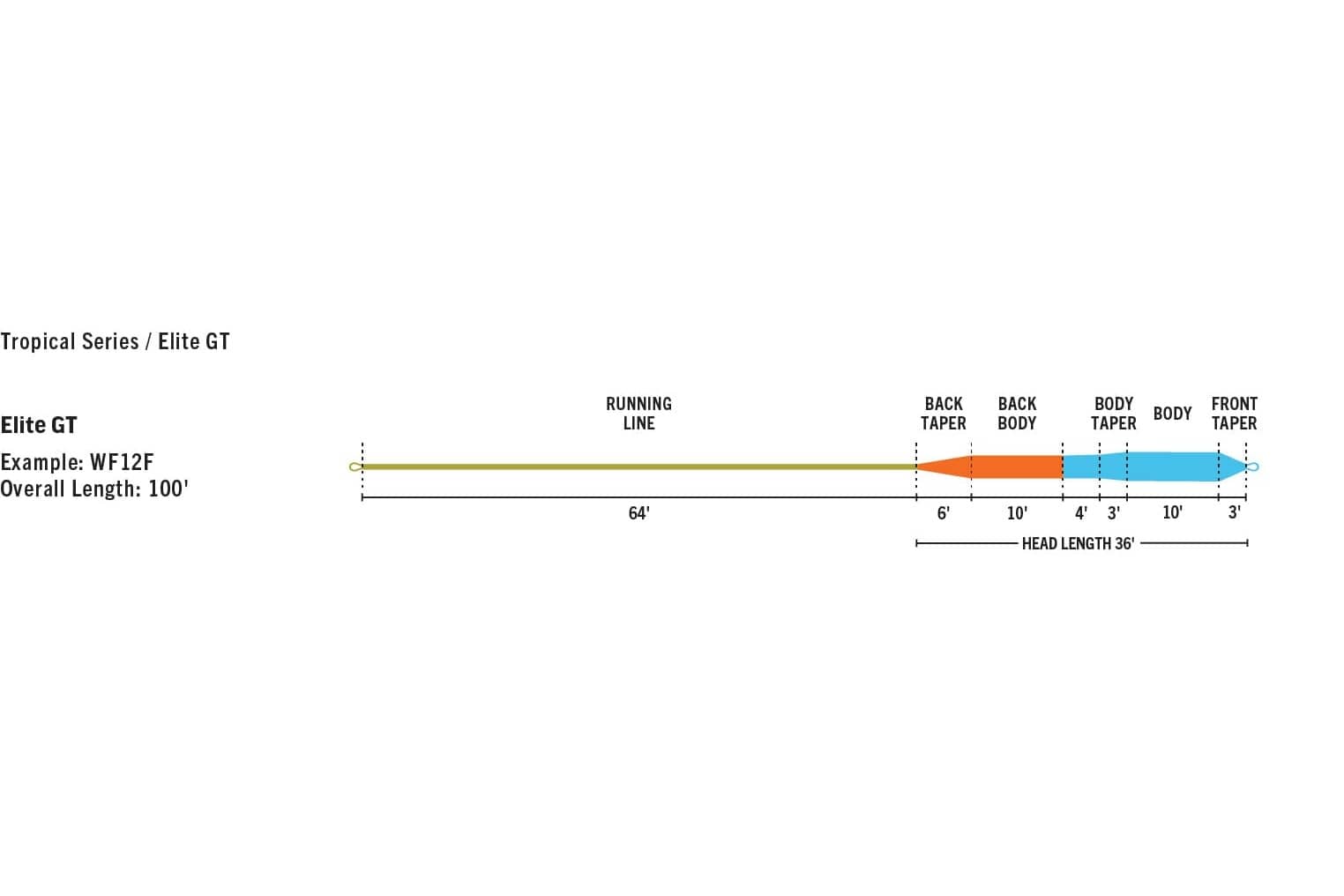 Rio Elite GT fly line schematic: olive running line, orange back taper and blue front taper sections, labeled lengths