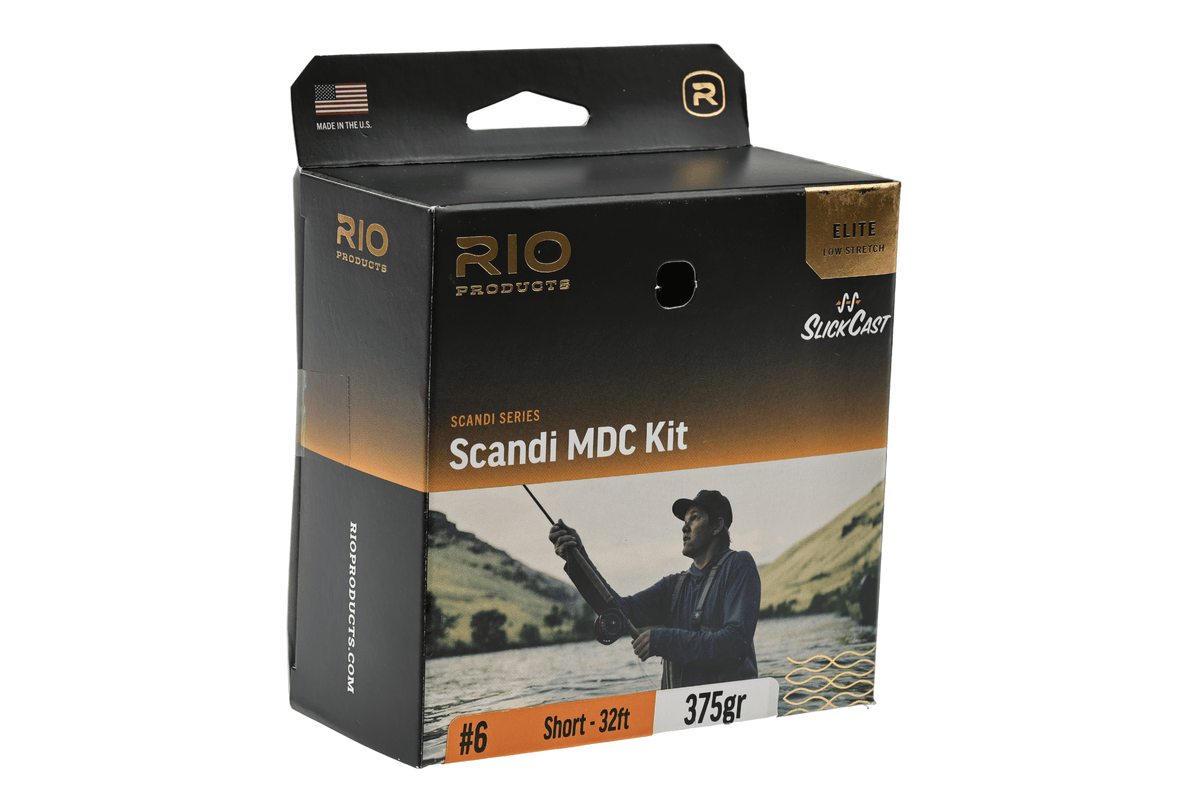 Black and gold RIO Scandi MDC Kit box with SlickCast logo, angler photo and labeling for short fly line (375gr)