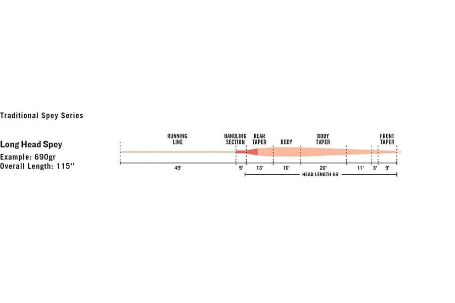 Rio InTouch Long Head Spey fly line diagram showing tan running line and orange tapered head with labeled sections