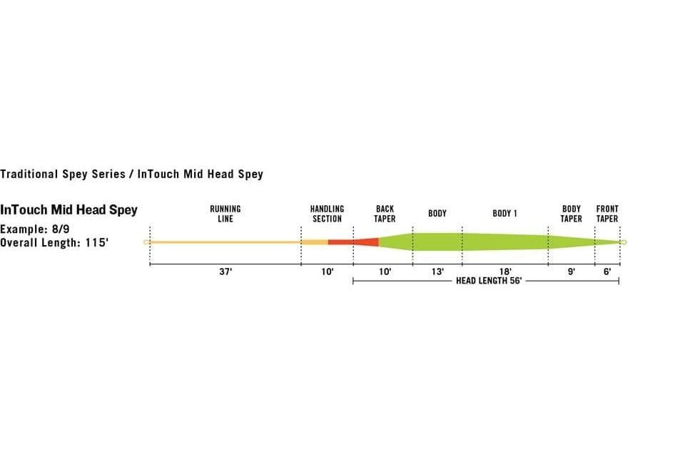 Rio InTouch Mid Head Spey line diagram showing yellow running, orange handling and green body sections with measurements