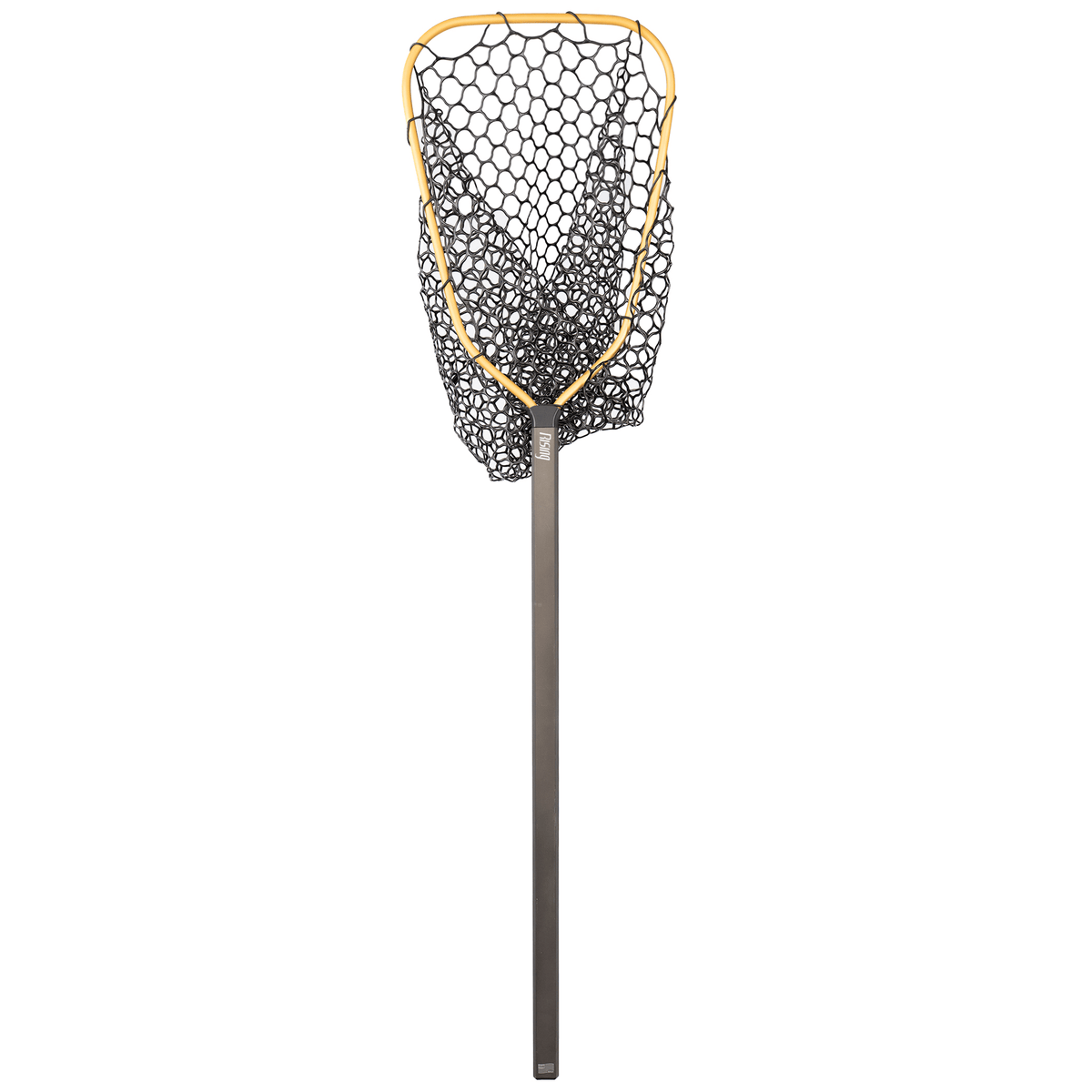 Rising boat net with yellow rubber frame, black rubber mesh basket, and gray handle on white background