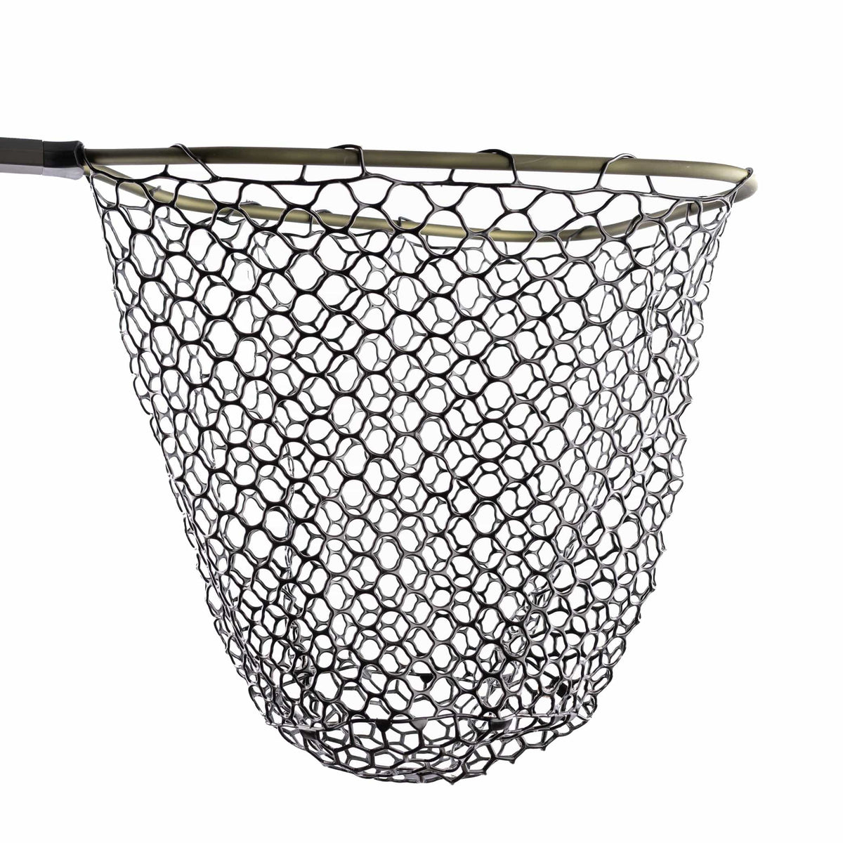 Black rubber mesh landing net with olive green frame and telescopic handle, Rising Fishing boat net on white background