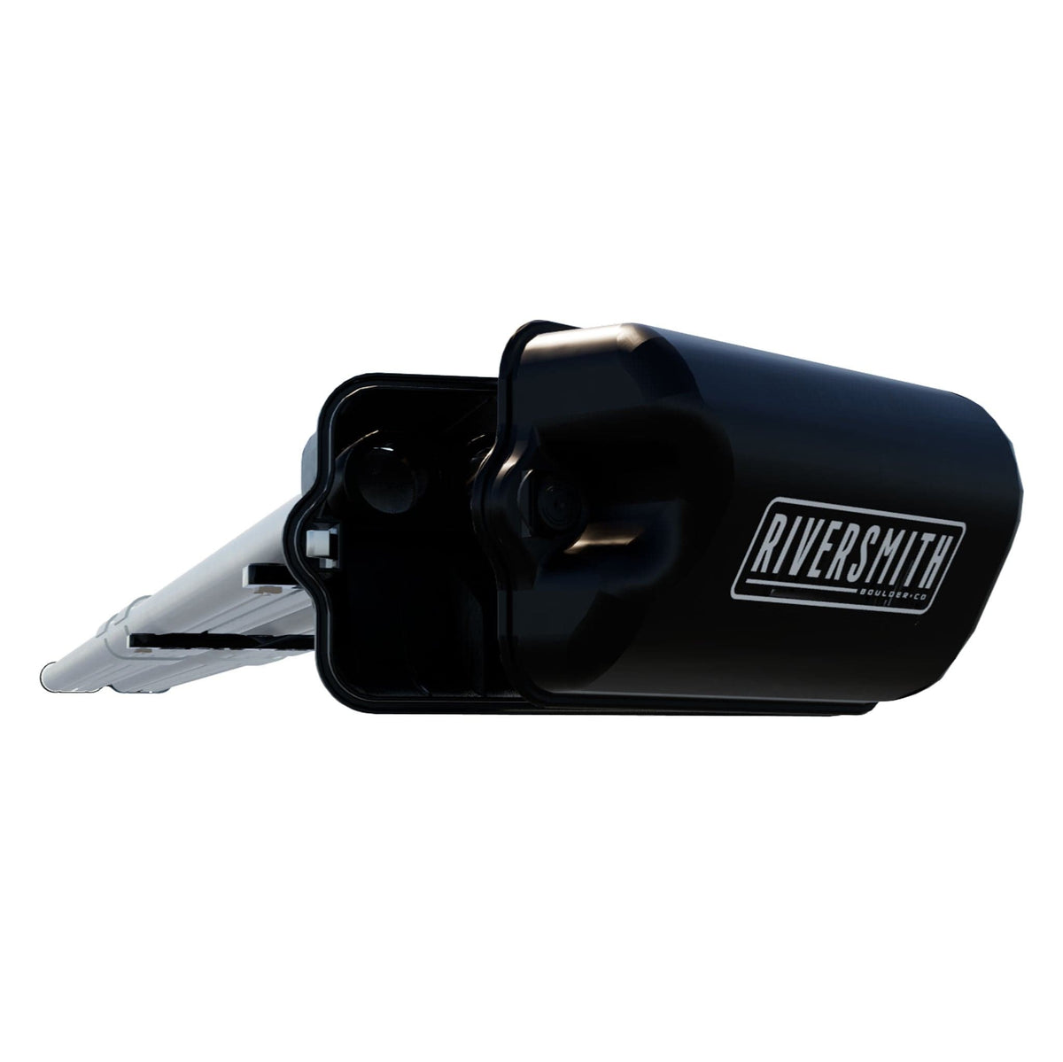 Black Riversmith Euro River Quiver fishing rod holder with key and silver hardware on white background