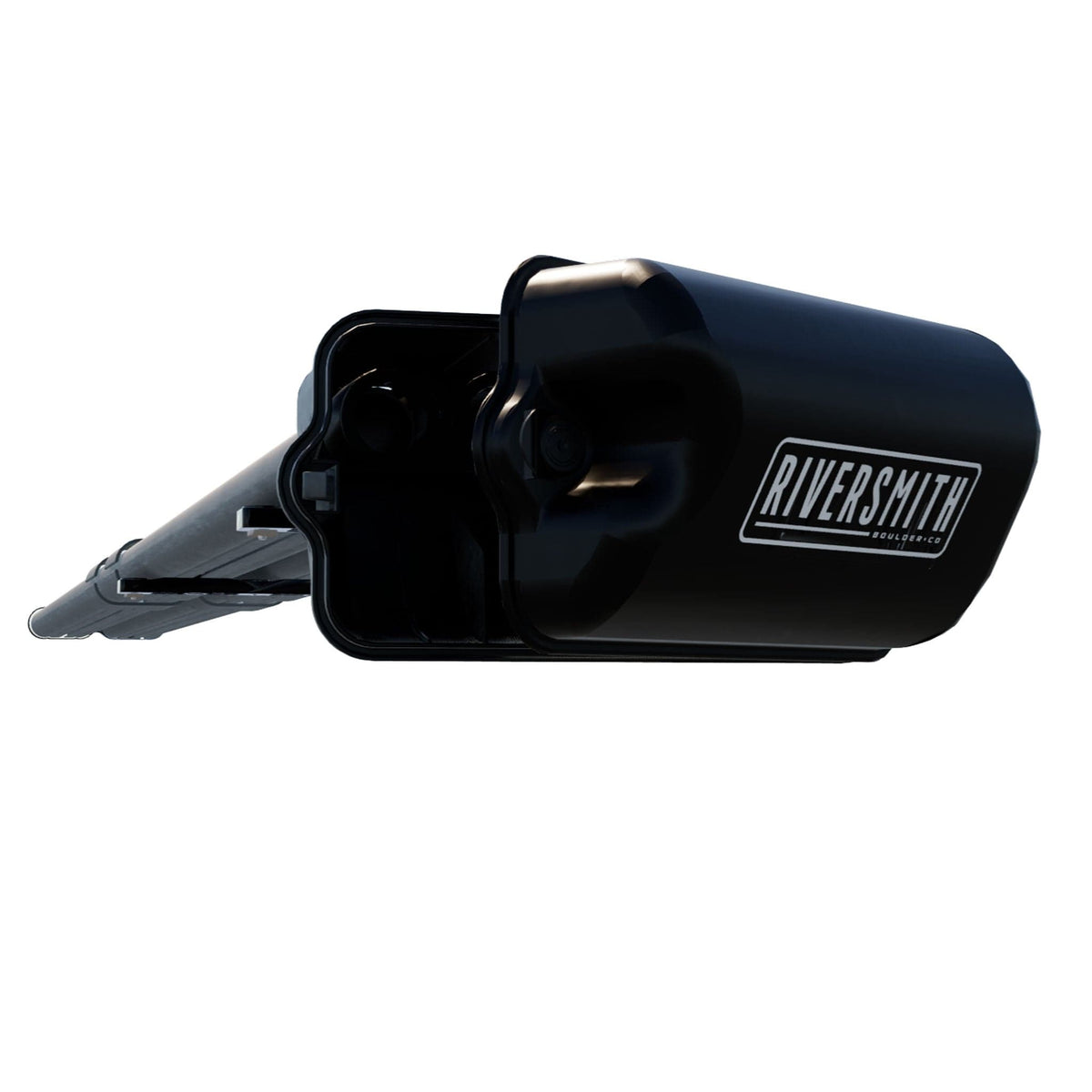 Black Riversmith Euro River Quiver fishing rod holder mounted on vehicle with brand logo visible