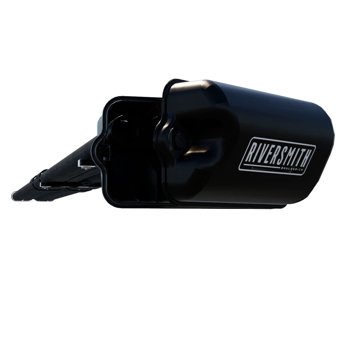Black Riversmith Euro River Quiver fishing rod rack mounted on white background, showing durable plastic construction and