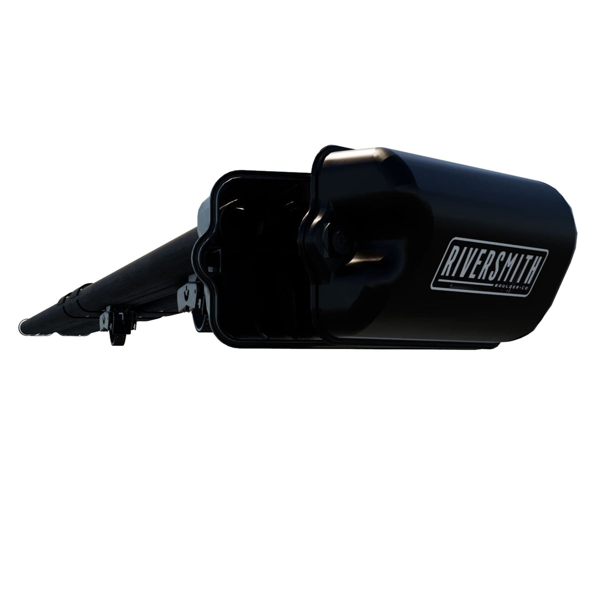Black Riversmith Euro River Quiver 11'4 fishing rod carrier mounted on vehicle roof rack system
