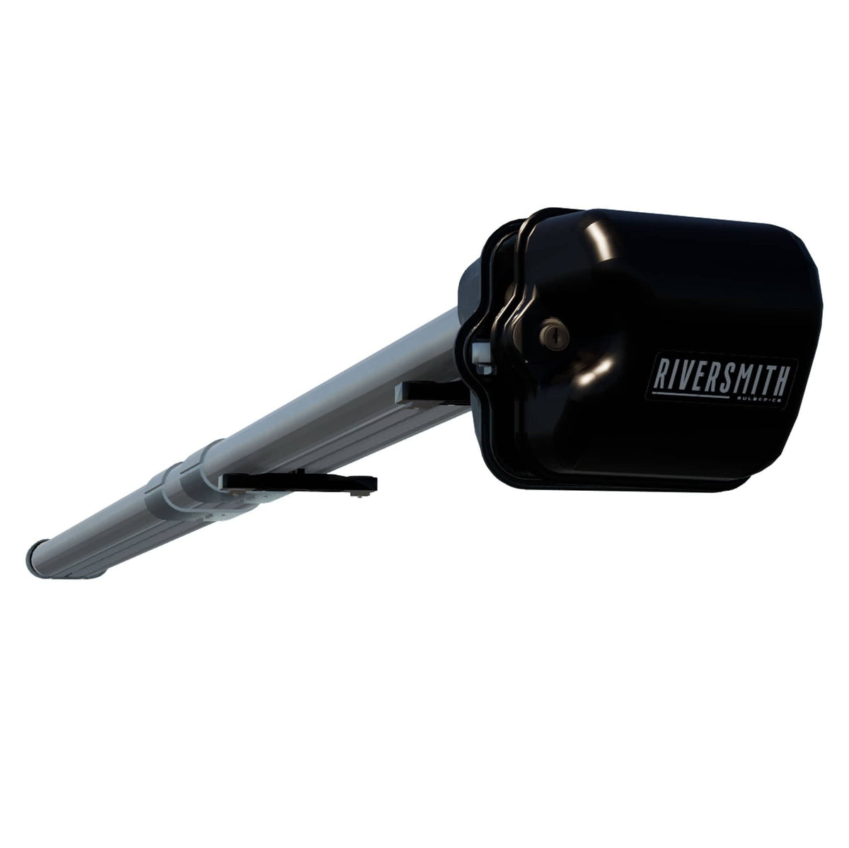 Riversmith Euro River Quiver 11'4 black fishing rod holder mounted on gray pole with adjustable clamps