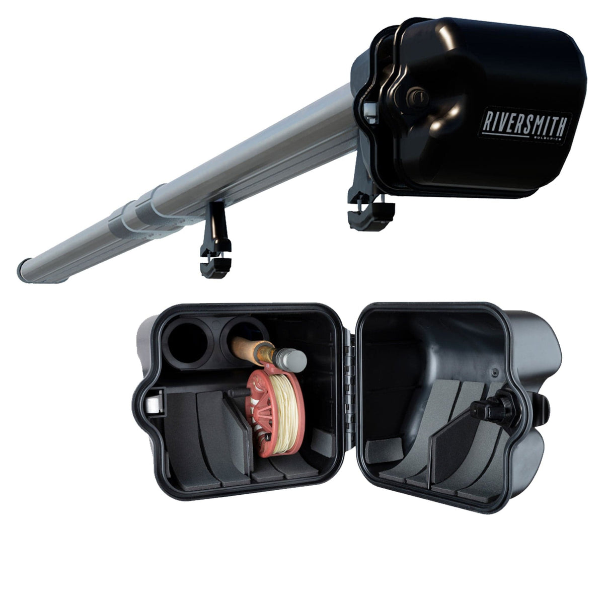 Riversmith Euro River Quiver 11'4 silver aluminum fishing rod rack with black storage box and open compartment showing red