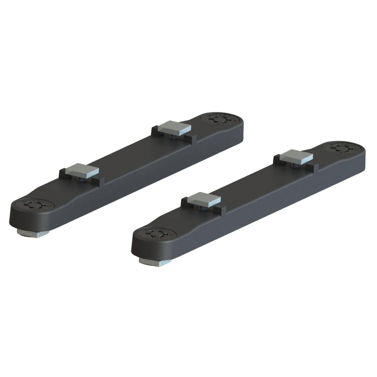 Pair of black low-profile T-track mounts with metal brackets for rod rack accessories and secure gear attachment