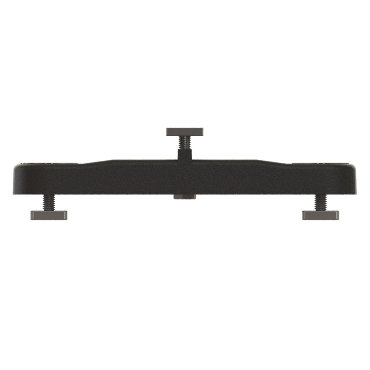 Black low-profile T-track mount with adjustable screws and feet for rod rack installation