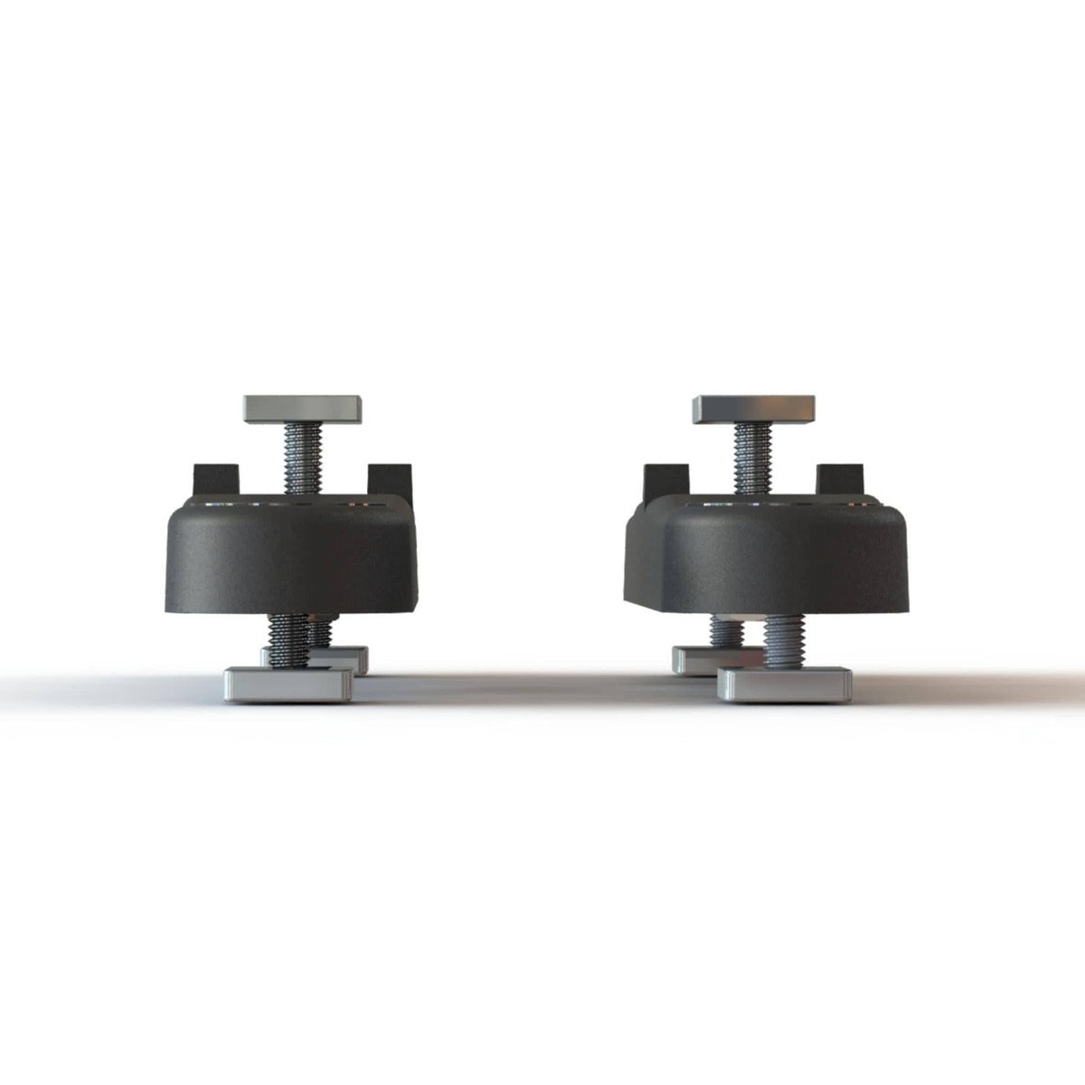 Riversmith Low-Profile T-Track Mount pair in black metal with threaded adjustment screws and chrome base plates