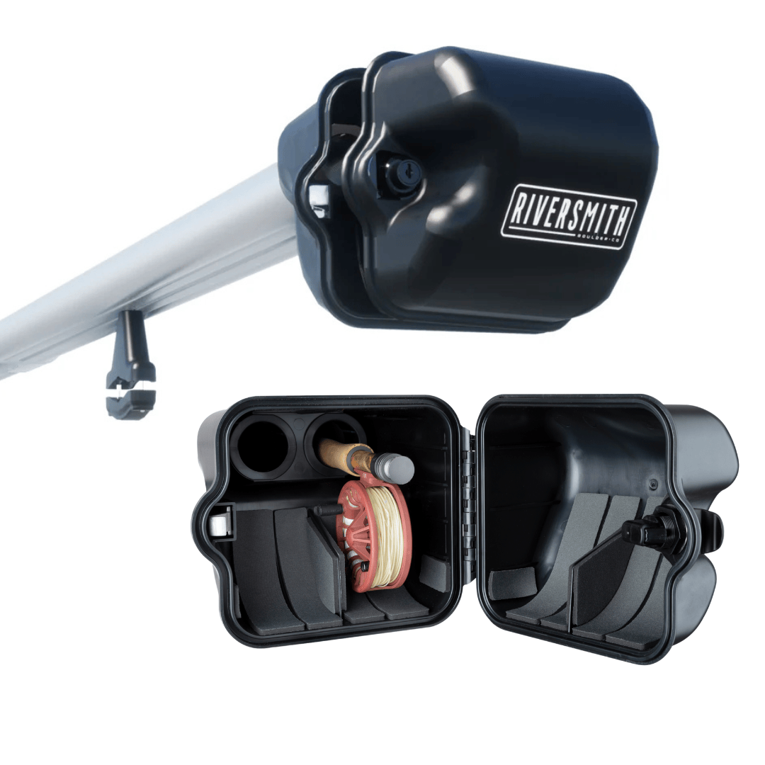 Riversmith River Quiver black fishing rod rack mounted on silver bar with open storage compartment displaying red reel and