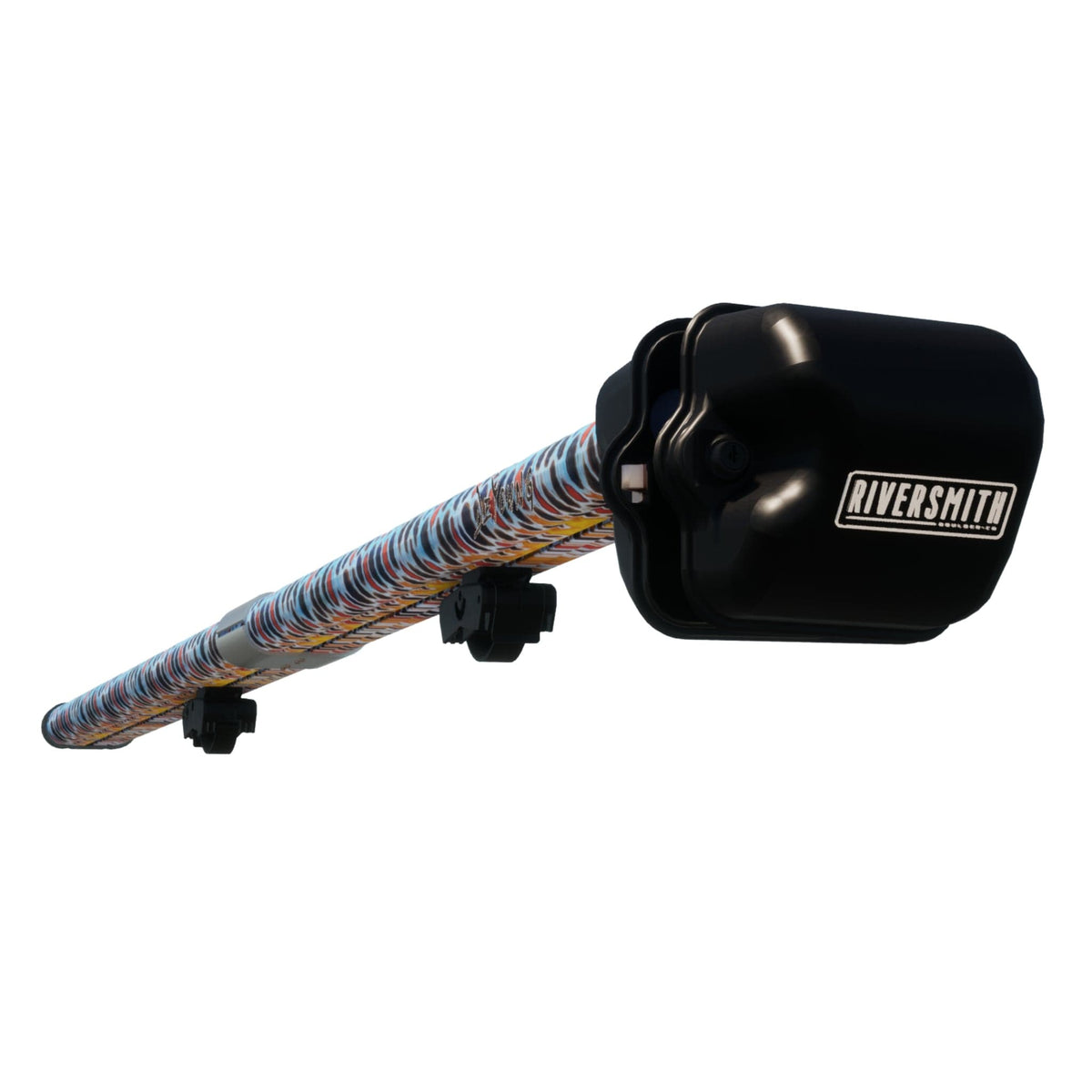Riversmith River Quiver black vehicle fishing rod rack with colorful wrapped pole and mounting brackets