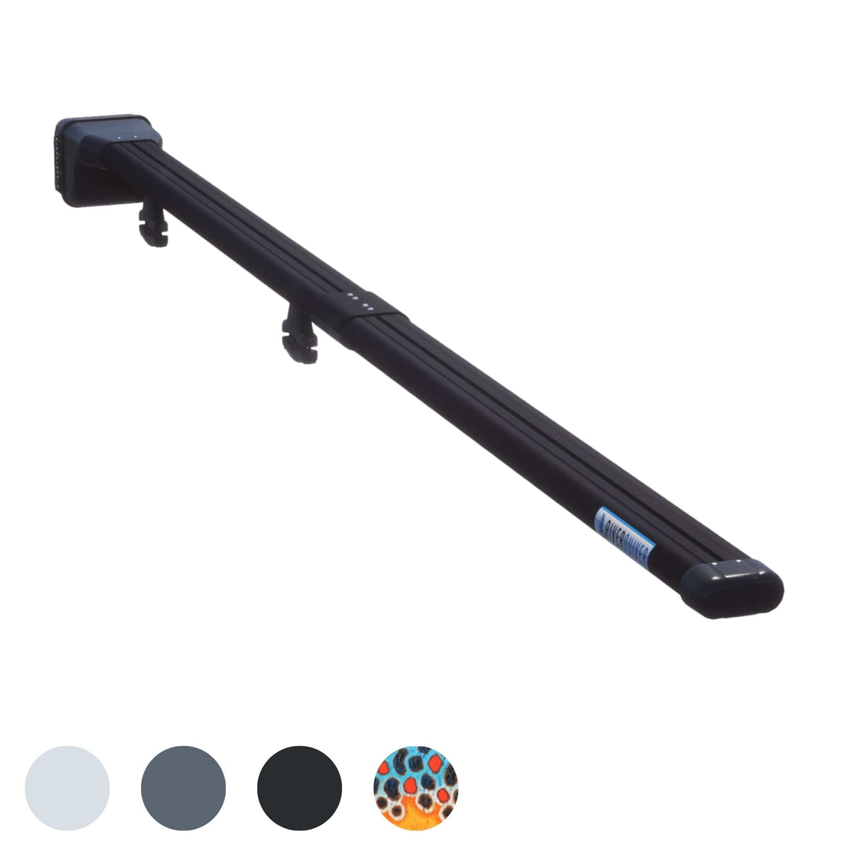 Black aluminum fishing rod rack with wall mount bracket and secure hold design
