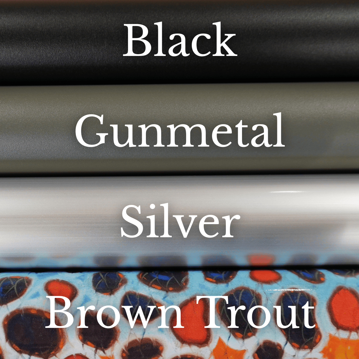 Riversmith River Quiver fishing rod rack in Black, Gunmetal, Silver, and Brown Trout color options
