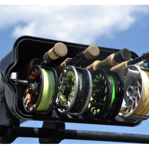 Riversmith River Quiver fishing rod rack mounted on vehicle with multiple fly fishing reels and cork handles organized on
