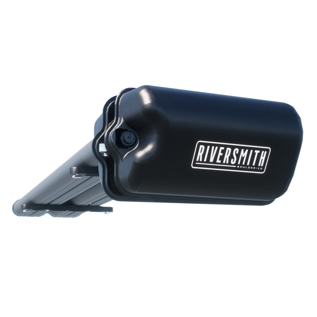 Riversmith ShortCut black fishing rod quiver rack mounted on vehicle displaying brand logo and secure clamp design