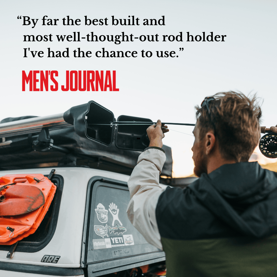 Man demonstrating black Riversmith ShortCut fishing rod holder mounted on truck roof rack with fishing gear visible