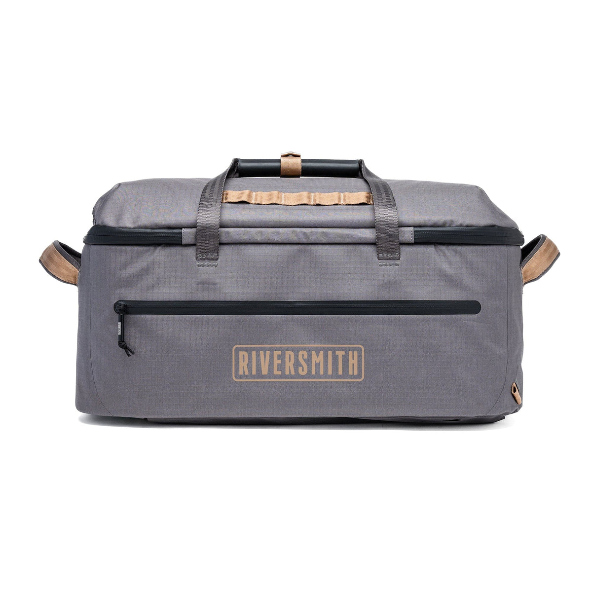 Riversmith gray waterproof duffel bag with tan leather handles and front zipper pocket