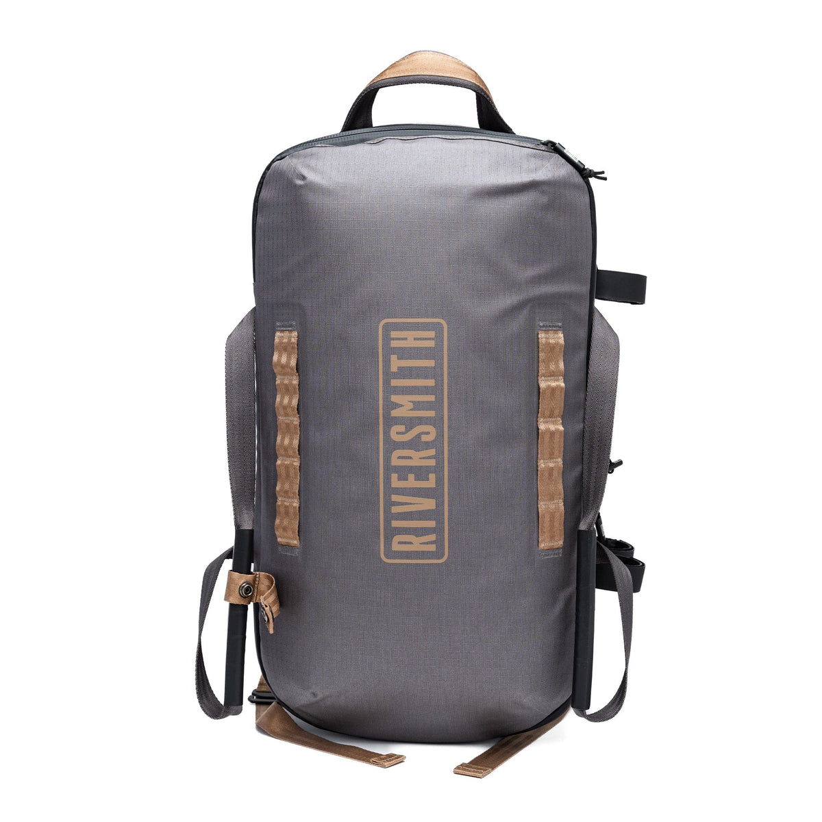 Riversmith gray waterproof duffel bag with tan leather handles and straps, front view