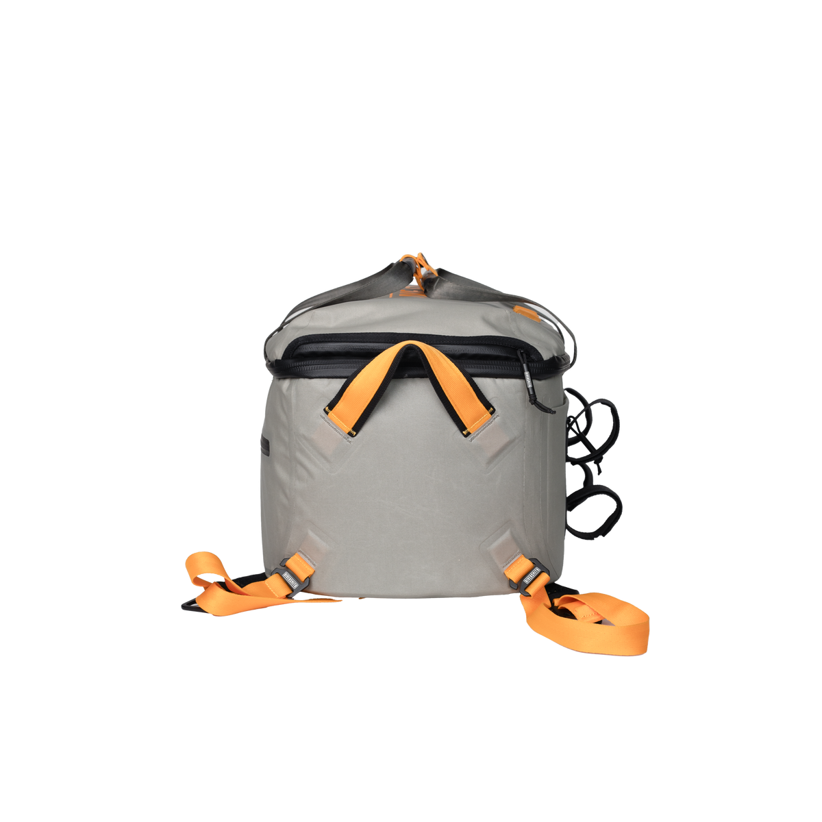 Gray waterproof duffel bag with orange straps and handles for outdoor gear storage