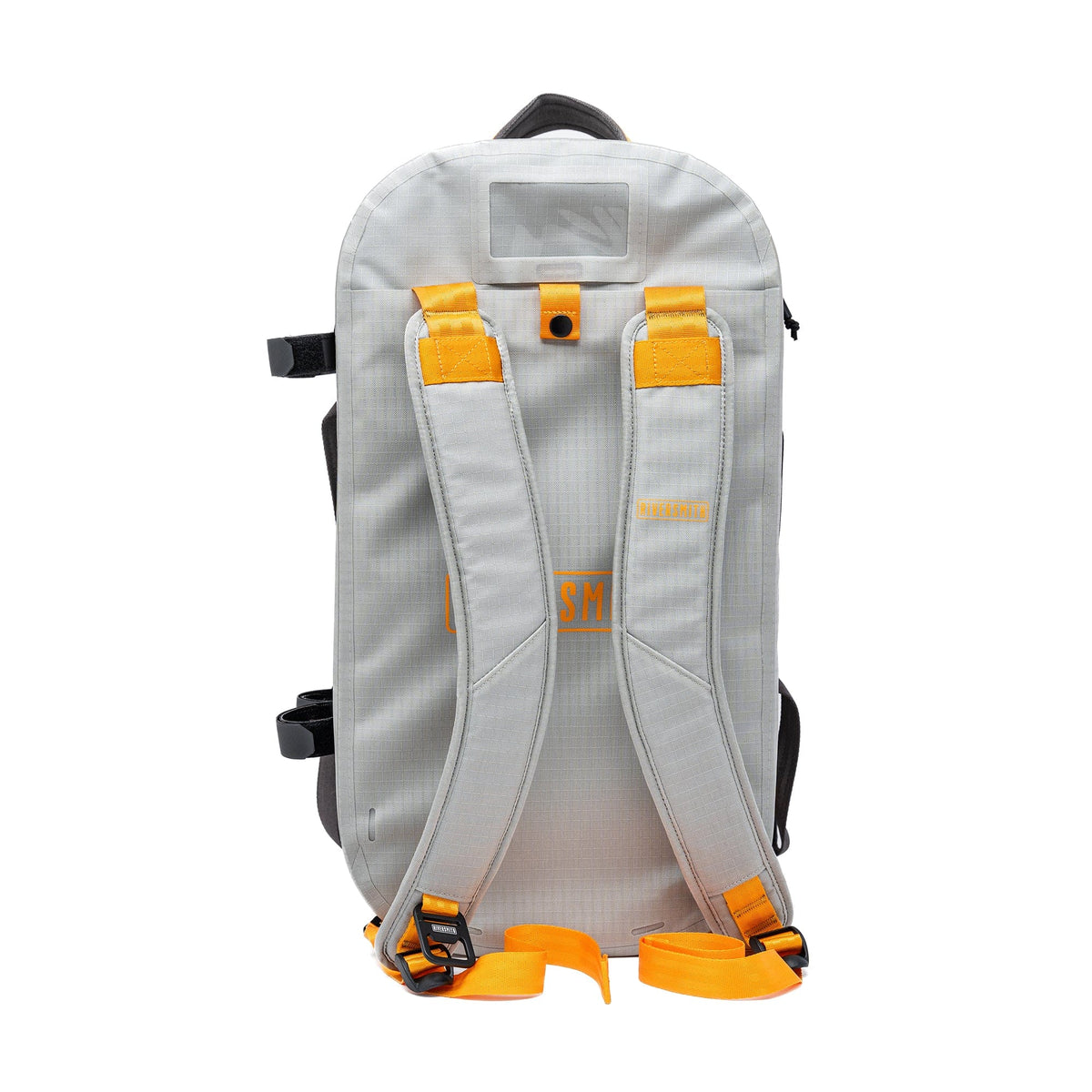 Gray and orange waterproof duffel backpack with padded shoulder straps and front compression buckles, rear view