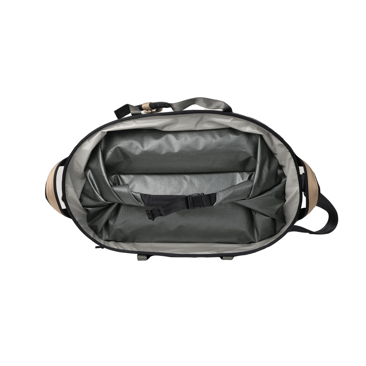 Riversmith The Hauler waterproof tote bag open showing gray interior compartments with black straps and tan handles