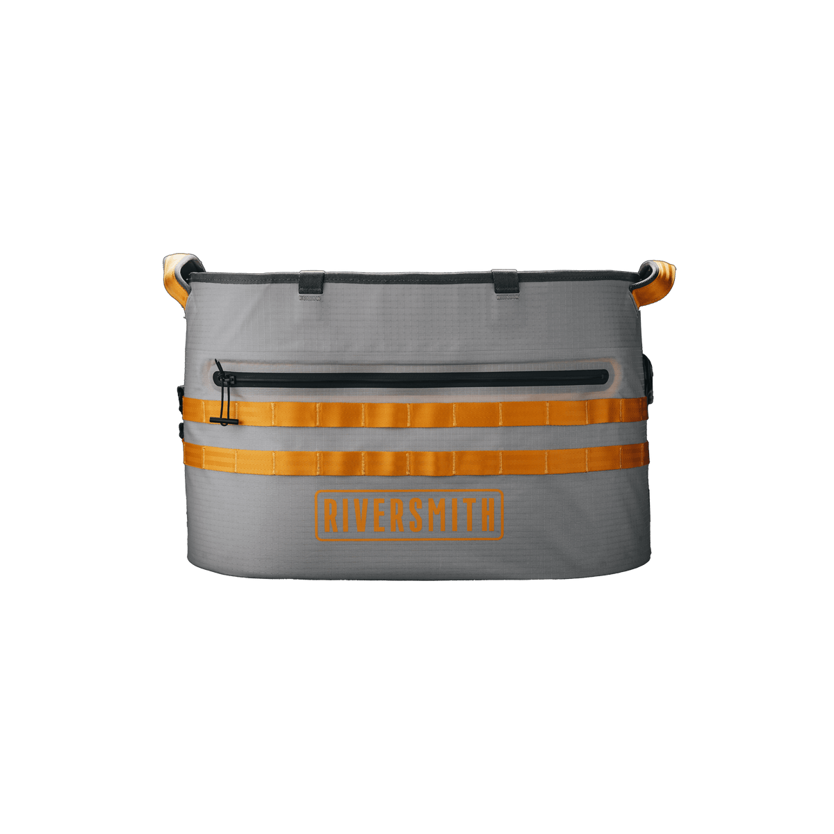 Riversmith The Hauler waterproof tote bag in gray with orange straps and handles, featuring dual compression bands and front