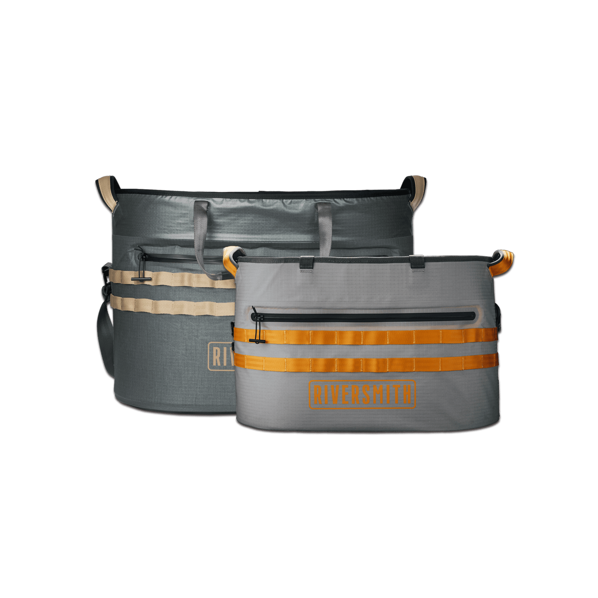 Riversmith The Hauler waterproof tote bags in gray and tan with orange straps and handles for gear transportation