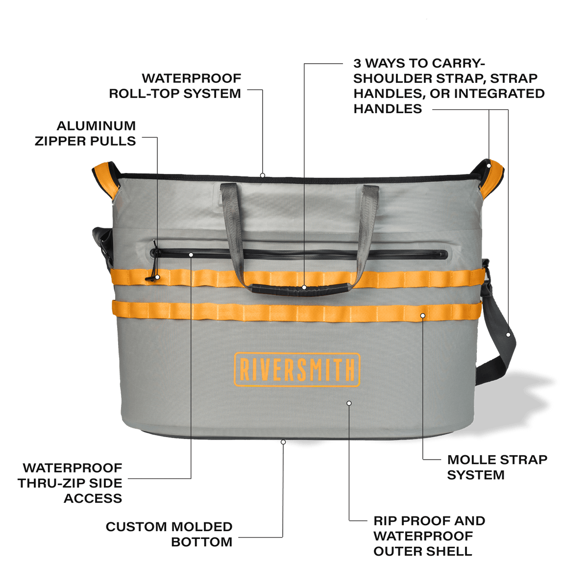 Riversmith Hauler waterproof tote bag with gray shell, orange straps, aluminum zipper pulls, and multiple carrying handles