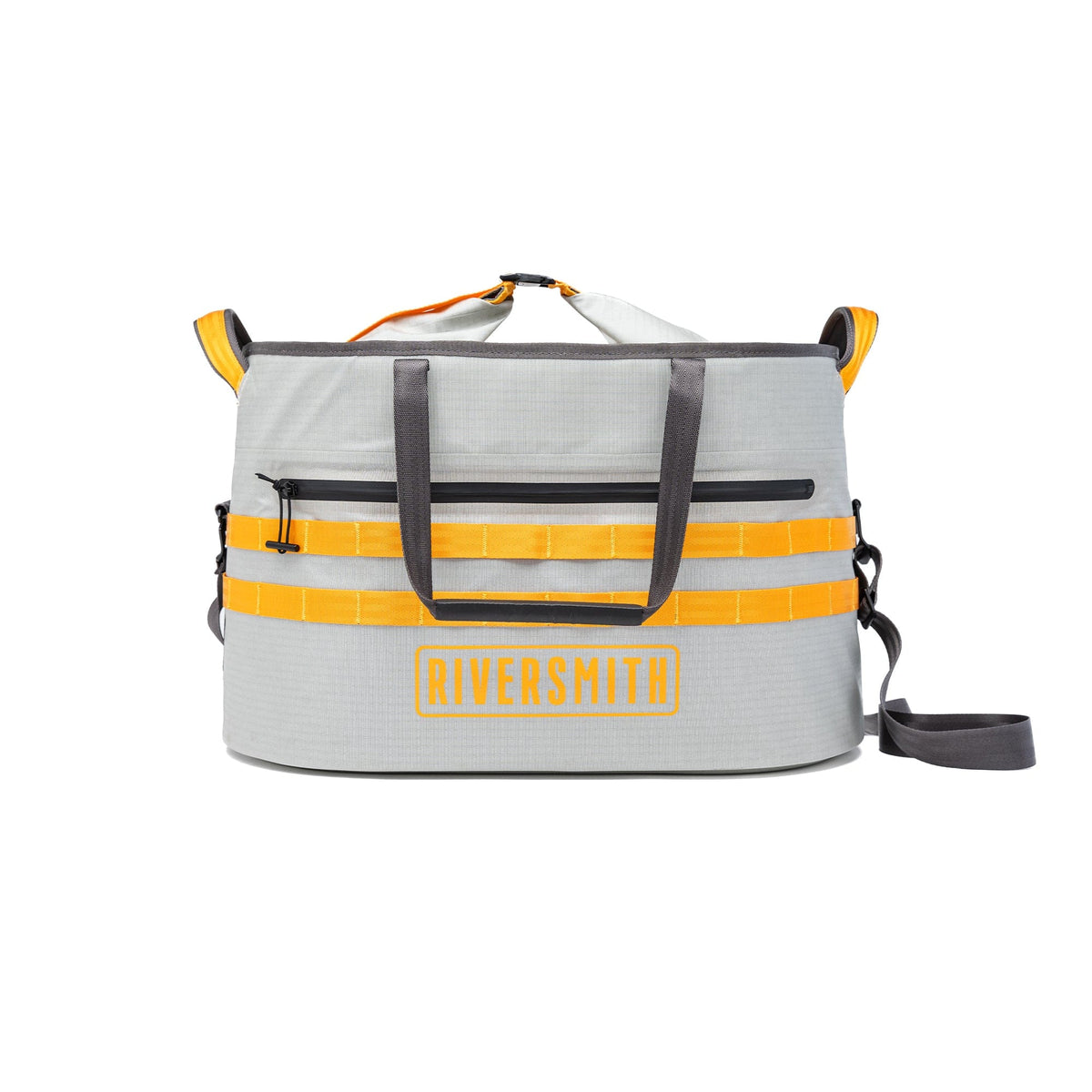 Riversmith Hauler waterproof tote bag in gray with yellow stripes and gray handles for outdoor gear transport