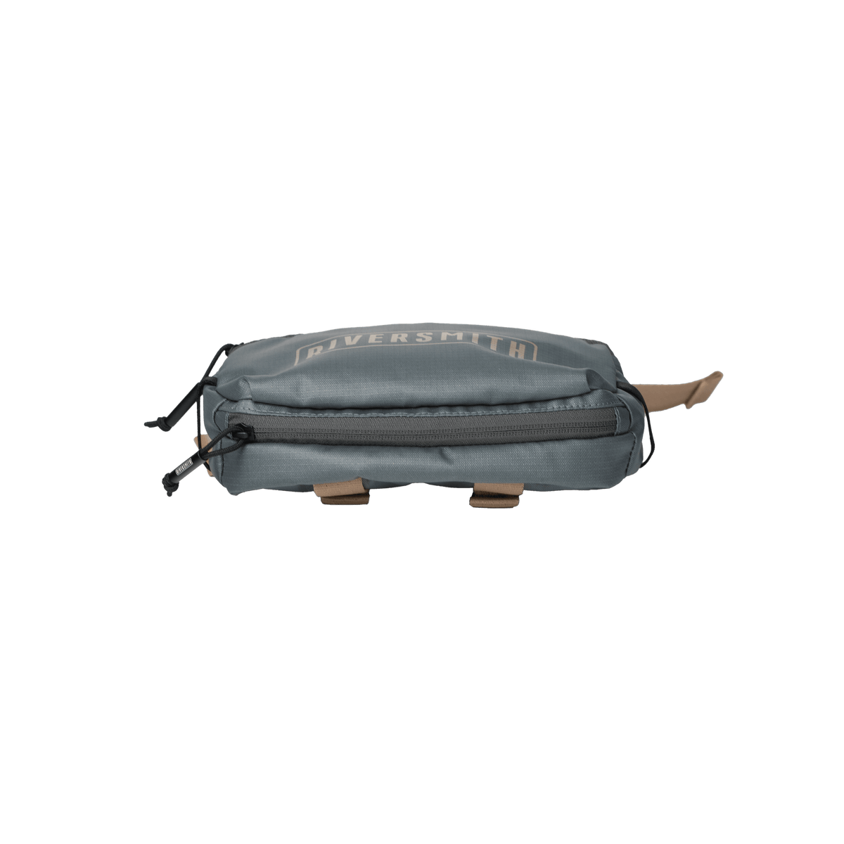 Riversmith PackOut gray fly fishing gear bag with tan leather handles and black drawstring closure