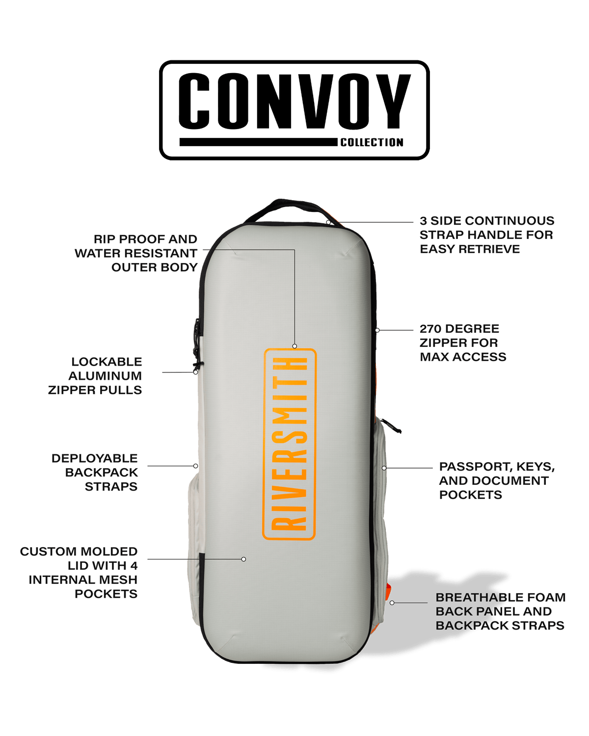 Riversmith gray travel backpack with orange branding, rip-proof water-resistant outer body, 270-degree zipper access, and