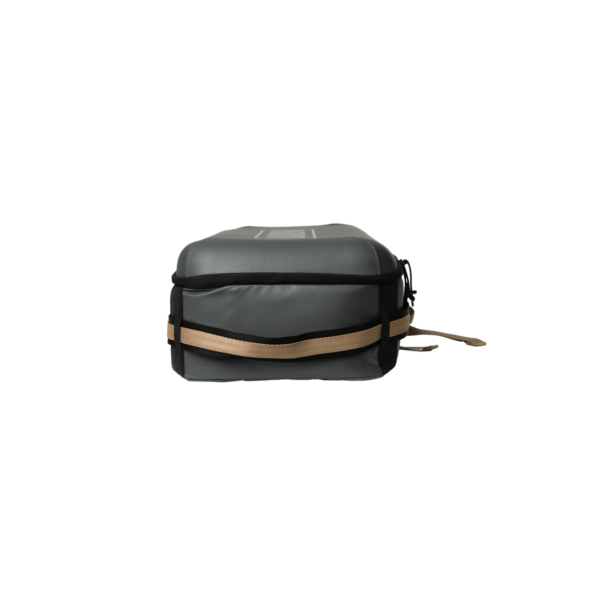 Gray and tan fly fishing travel bag with black straps and handles, compact gear transportation case